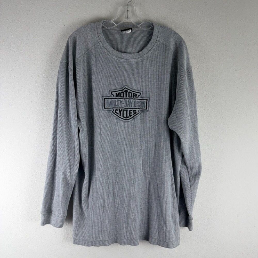 Harley Davidson Thermal Shirt 2XL Mens Gray Embroidered Bar Shield Long Sleeve